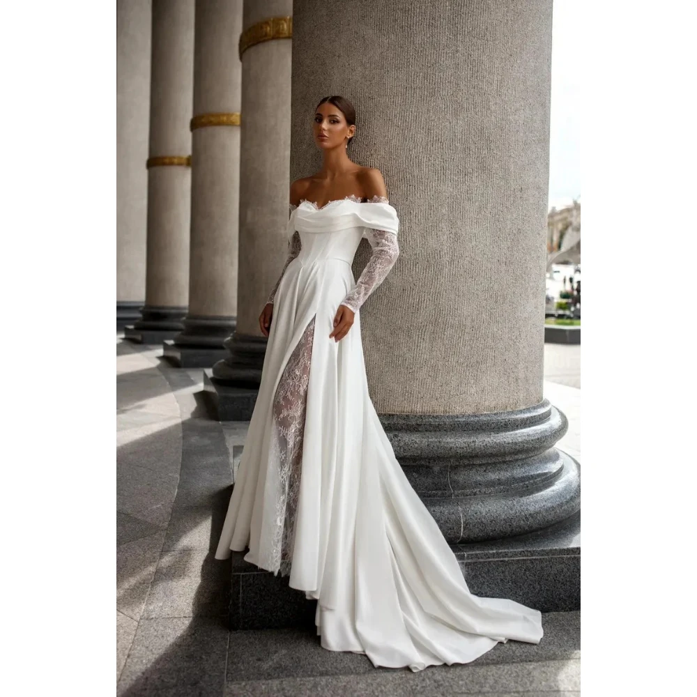 Schulterfreies Hochzeitskleid mit Herzausschnitt, Spitze, appliziert, lange Ärmel, Boho-Strand, A-Linie, Brautkleider, Vestido De Noival, individuell gestaltet