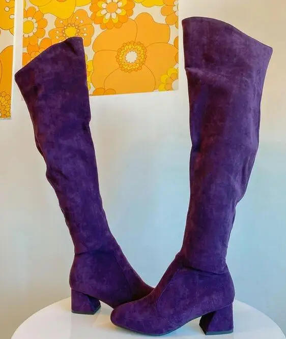 Fashion Chunky Heels Stretch Over The Knee Boots Round toe Purple Suede Modern Tall Boots Winter Block Heels Dress Shoes
