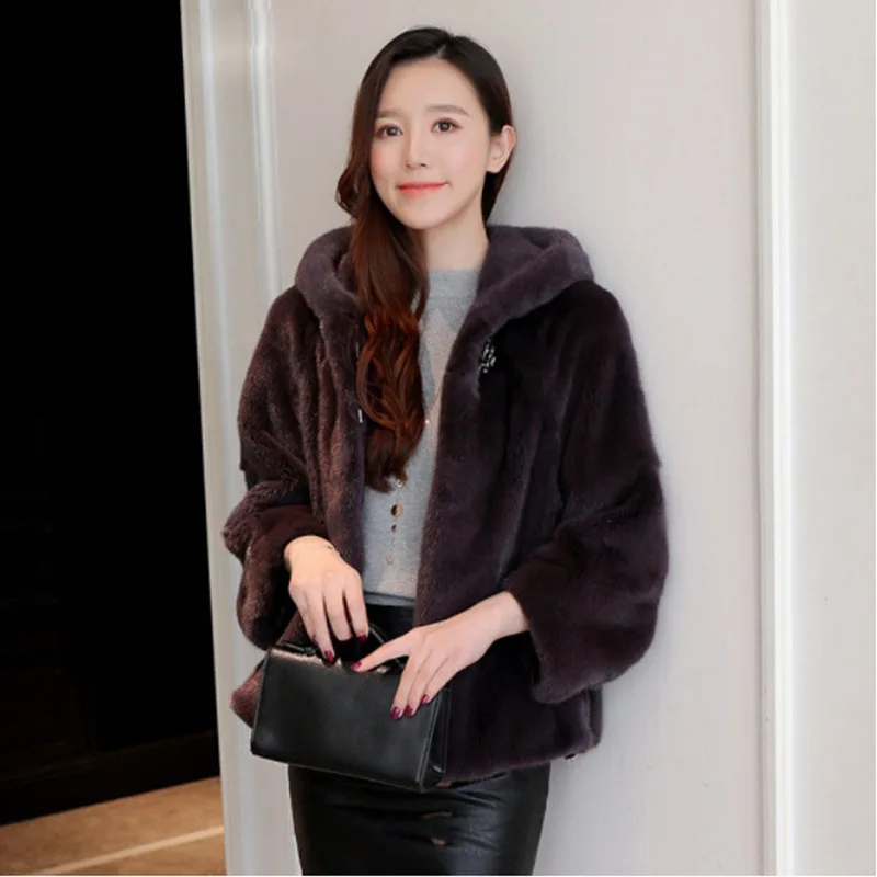 Women\'s Artificial Mink Hair Leather Fur Coat, Loose, Large Size, Short Outwear, Thick, Warm, Hooded Jacket, Casual Fashion