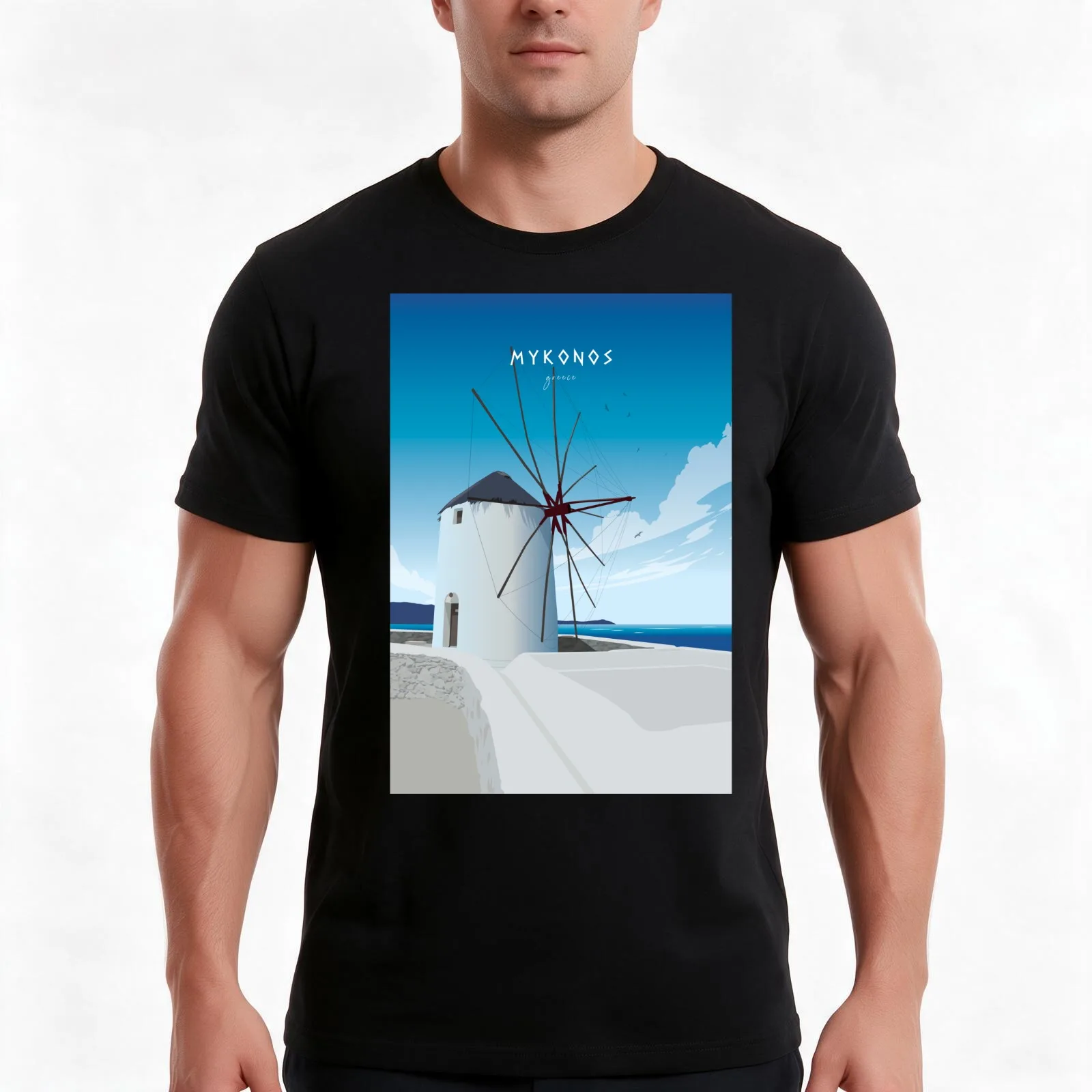 Mykonos Windmills T-Shirt, Summer Casual Cotton Tee, Oversized Streetwear Tops, Vintage Graphic Print, Loose Fit Short Sleeve