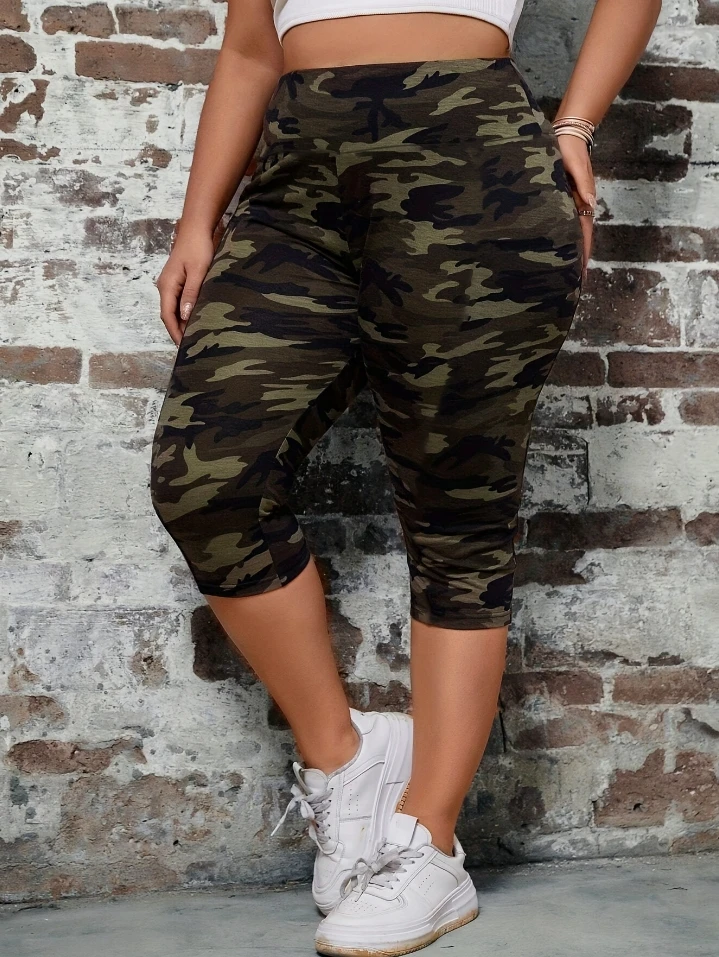 Fashionable Casual Cropped Trousers for Women 2024 Summer Basic Style Camouflage Printed High Waisted Tight Fit Pants