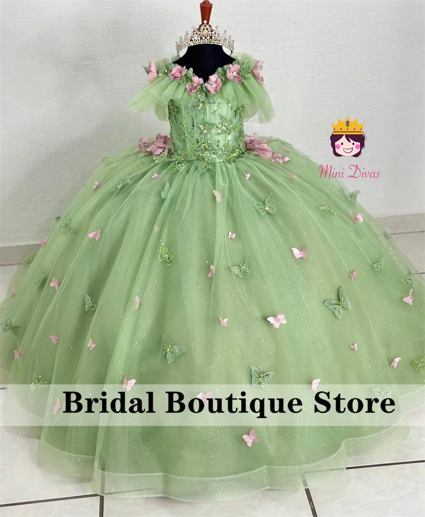 Luxury 2024 Green Flower Girls Dress Bead Sequins Ball Gown Butterfly Applique Pearls Photoshoot Birthday Gown Customized 