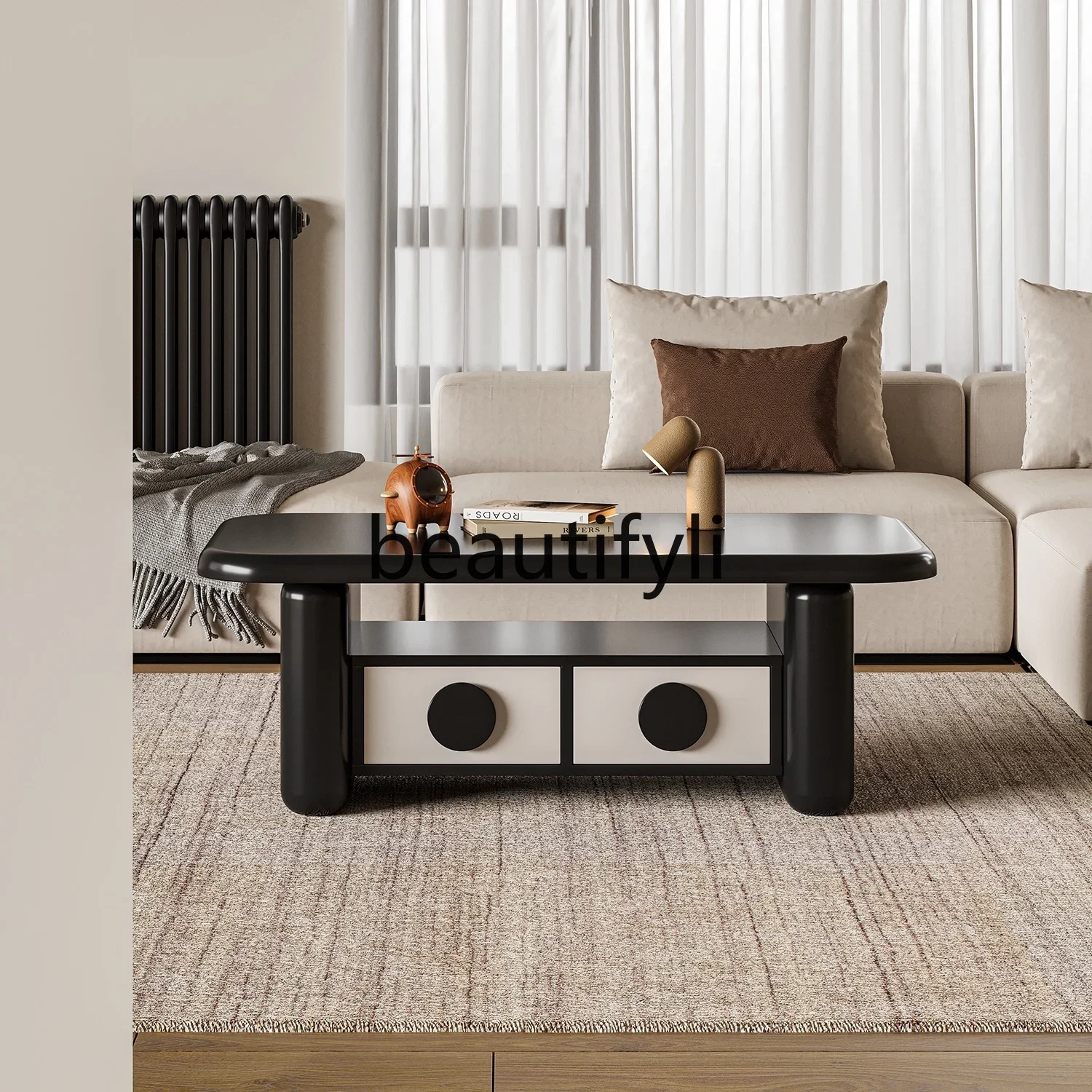 Light luxury round storage coffee table living room modern French milk tea color sunset coffee table