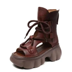 women Vintage puSandals Mid Heel Summer Fish Mouth Ladies Shoes Summer Shoes Casual Mother Sandals 34-40