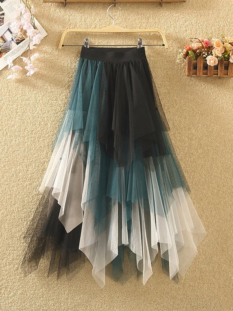 

Long Tutu Tulle Skirt Women Fashion 2024 Summer Korean Irregular Contrast Color High Waist Pleated Skirt Female U439