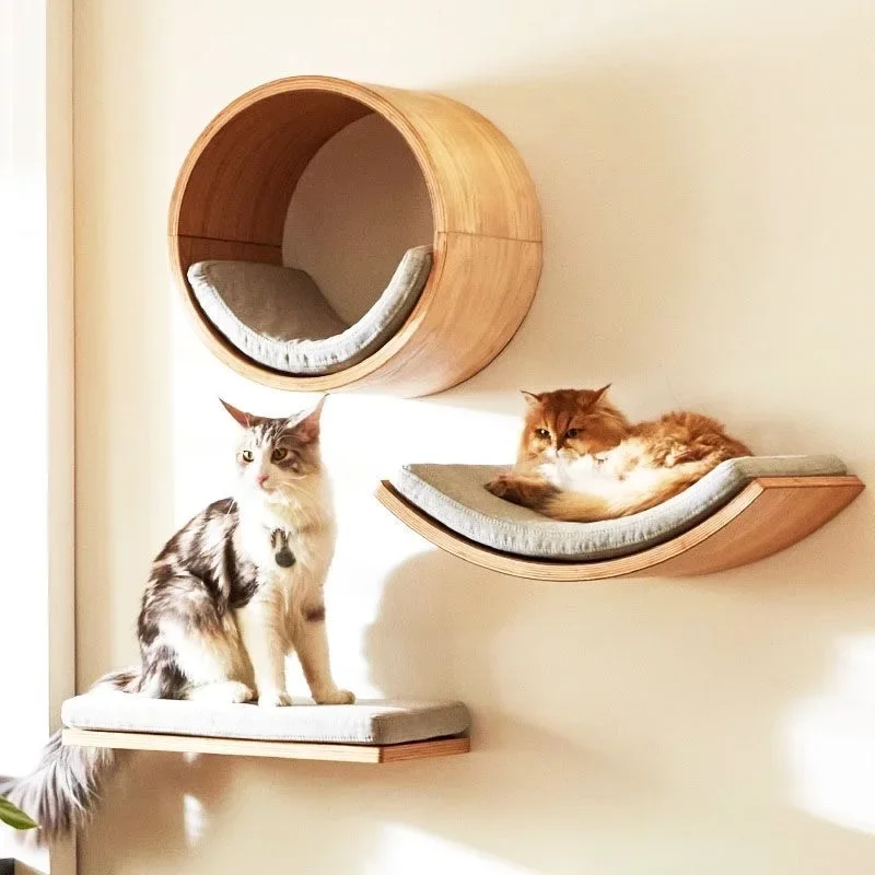Wall Mounted Wooden Cat Shelves, Sisal Scratching Pedal Hammock, Indoor Cat Play Furniture