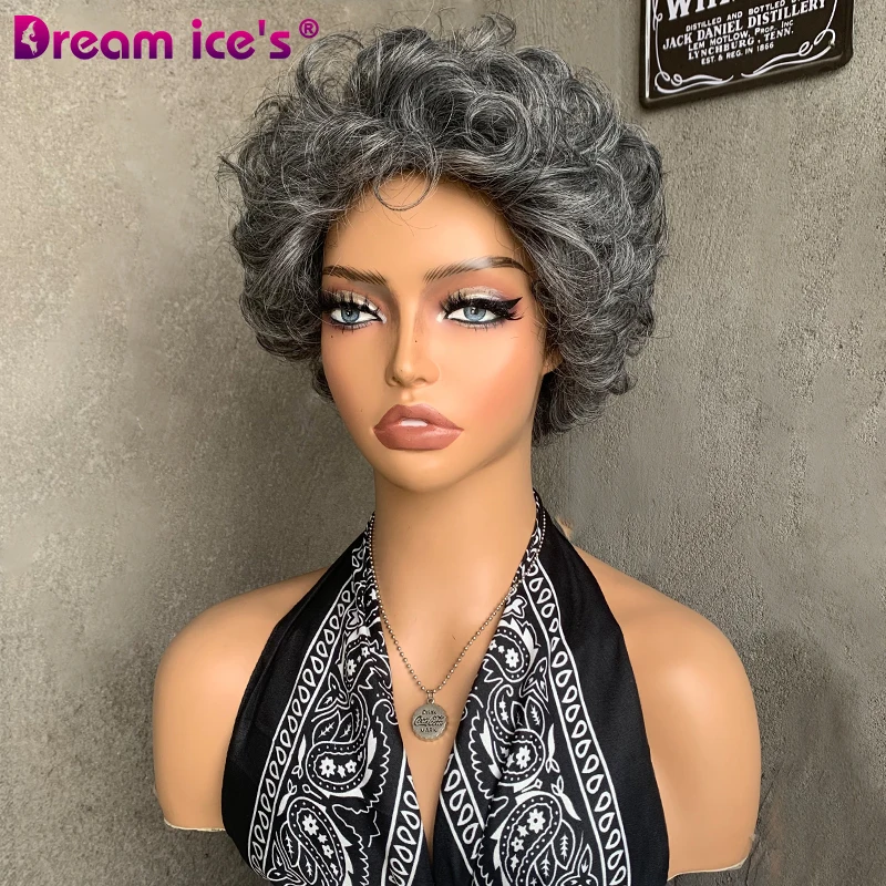 Mixed Black Gray White Short Curly Wig Women  Synthetic Wigs Pixie Cut Hair Wavy Curly Wigs for Women for Everyday Anime Cosplay