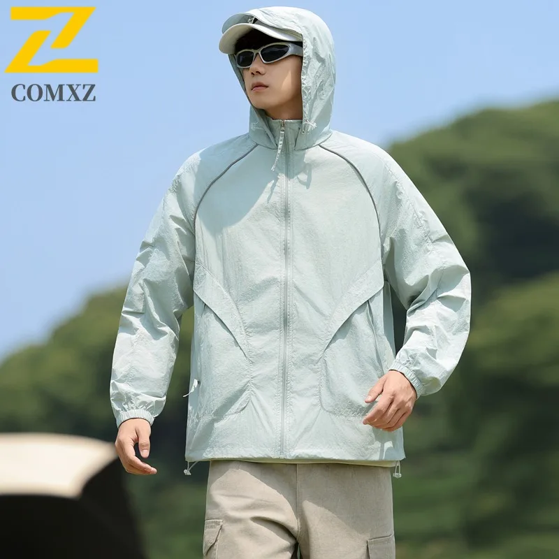 

COMXZ Summer Outdoor Jacket Men Street Casual Quick Dry Breathable Sun Protection Hooded Windbreaker Camping Pocket Work Coat