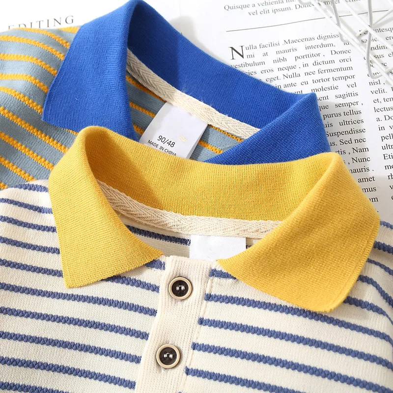 2024 Spring Autumn 2 3 4 6 8 10 Years School Child Cotton Turn-Down Collar Colorful Striped Patchwork T-shirt For Baby Kids Boy