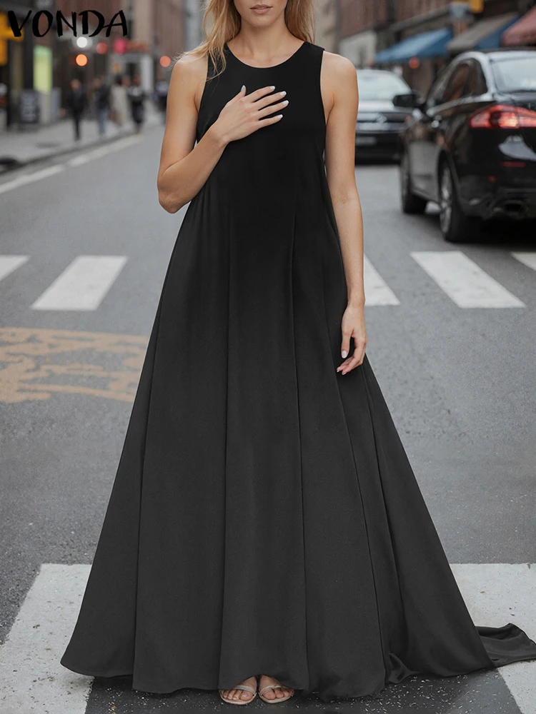 

Плюс размер 5XL VONDA 2025 женское однотонное длинное платье сарафан сексуальный повседневный халат без рукавов с рюшами вечерние макси Vestidos