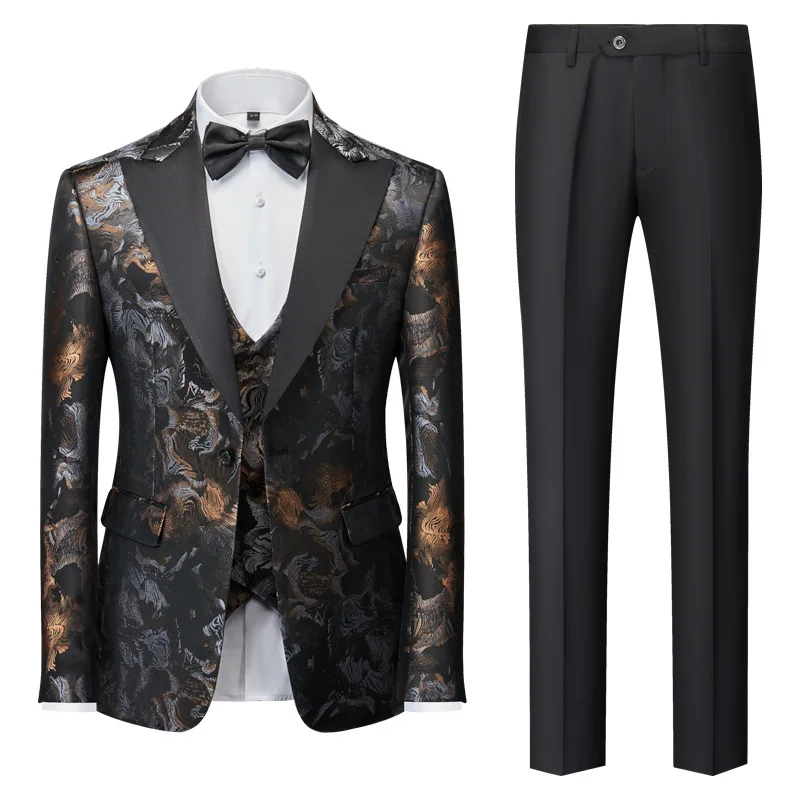 

KIDWHXR Man 3-piece Set Printed Patchwork Single-breasted Blazer Men V-neck Vest Straight-leg Pant Male Slim Wedding Suit Outfit