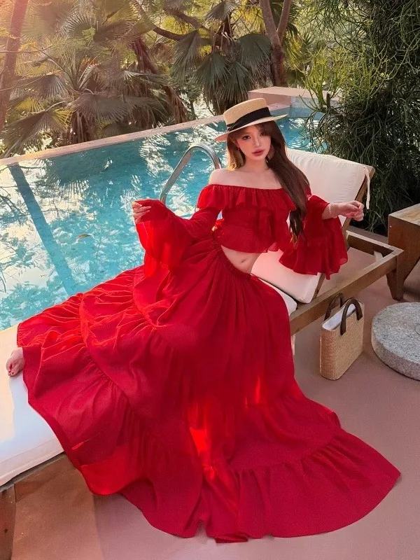 

Red One-Shoulder High-Waist Maxi Dress Set Island Vacation Women's Fashion Sexy Style Short Sleeve Long Skirt Outfit
