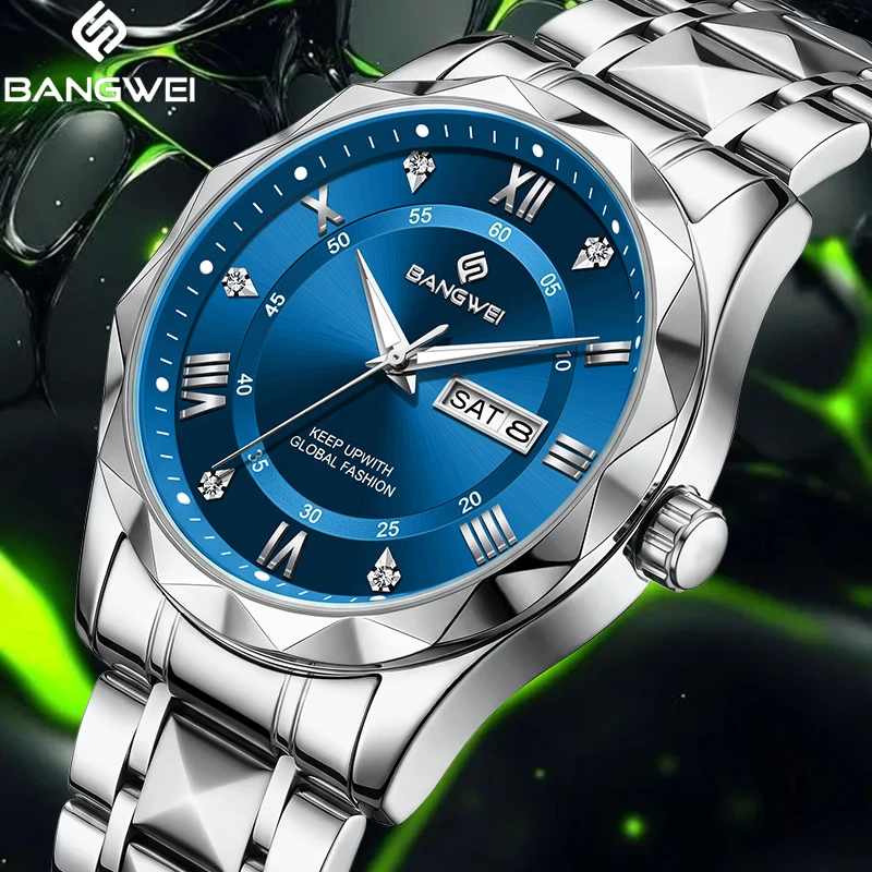 BANGWEI Original Design Quartz Man Watch Fashion Luxury Auto Date Week Stainless Steel Band Waterproof Luminous Men Watches Male