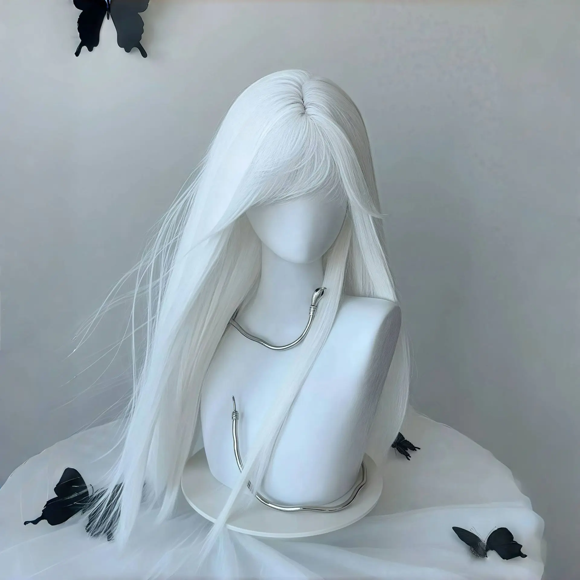 Peluca blanca para mujer, tocado completo Natural, estilo Lolita, pelo largo y liso con flequillo de aire, cara redonda bonita JK de celebridad