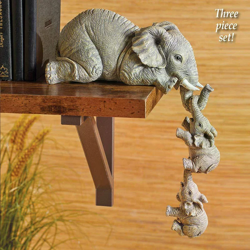 Resin Decorative Craft 3-piece Realistic Elephants Mother Hanging 2-Babies Figur