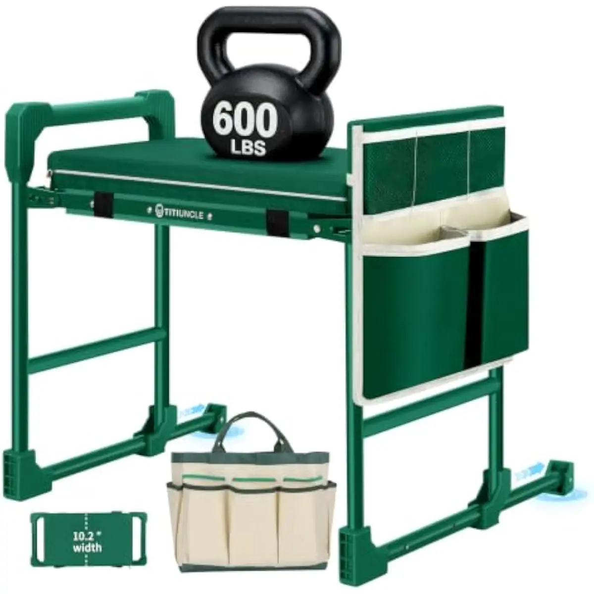 Garden Kneeler Seat Foldable Ergonomic Bench with Removable Soft Pad Tool Bag Anti-Tip Steel Frame Polycarbonate Seat Supports 6