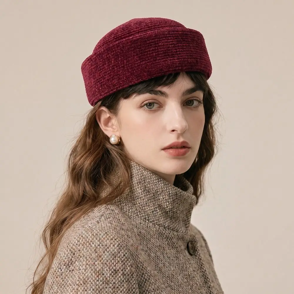 Fashion French Style Chenille Pillbox Hat Elegant Teardrop Fedora Hat Versatile Air Hostess Beret Hat Banquet