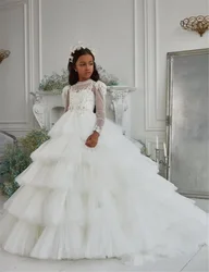 Customized White Flower Girl Dresses Tulle Tiered Flory with Tailing Long Sleeve for Wedding Birthday Party First Communion Gown