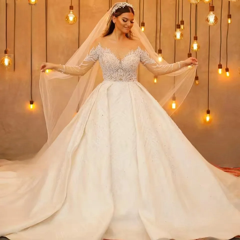 

Luxury Wedding Dresses A-line Long Sleeves Appliques Muslim Dubai Saudi Arabia Israel Bridal Gowns Vestido De Novia Customized