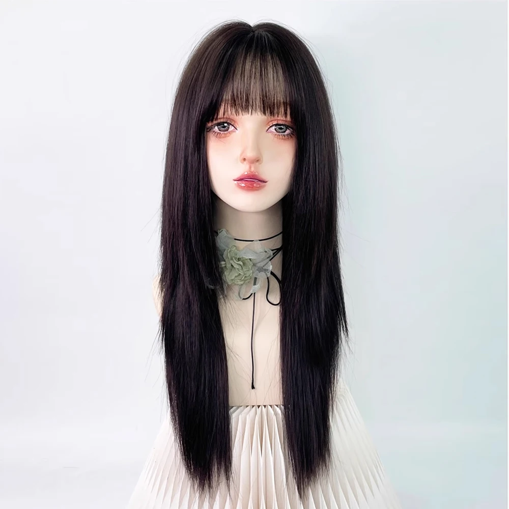 VICWIG Black Long Straight Synthetic Women Wigs with Bangs Lolita Cosplay Nature Fluffy Hair Wig for Daily Party