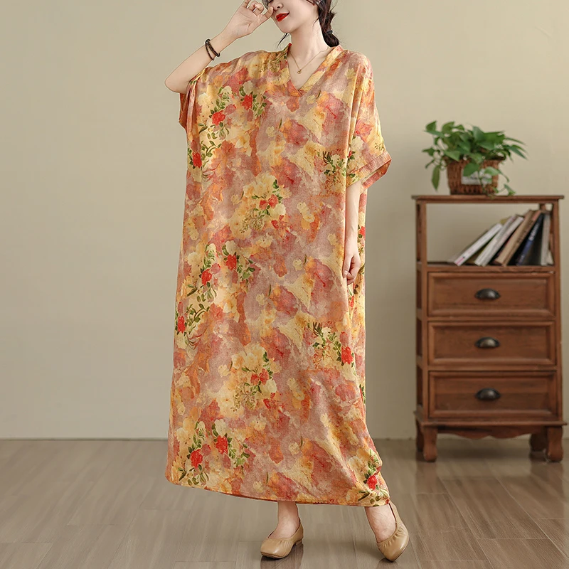 Vestido Largo de Verano con Estampado Floral, Cuello en V, Aodón, Estilo Casual de Viaje, Disimula la Figura, Falda Midi Re...