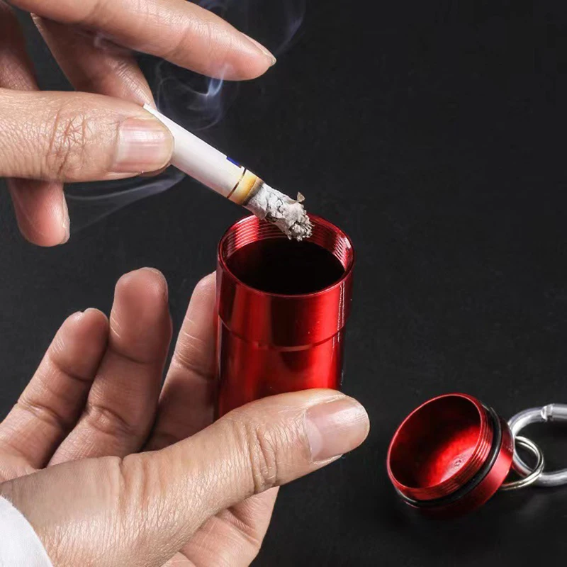 1Pcs Mini Portable Pocket Ashtray with Lid Aluminum Windproof Outdoor Cigarettes Box with Keychain Ash Holder Storage Tube