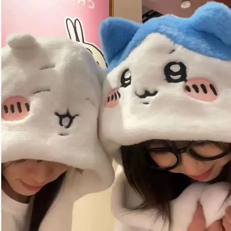 Chiikawa Usagi Chii Hachiware Scarf Hat Glove Three-In-One Cartoon Integrated Fleece-Lined Scarf Outdoors Cold Protection Hat