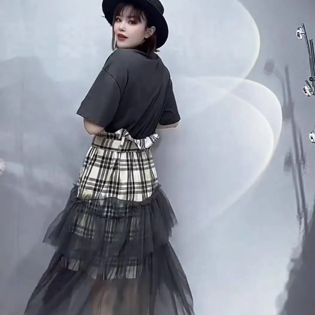 シックなガーゼシャーリングロータスパッチワークチェック柄 Tシャツドレス夏市松メッシュスプライシングフリルロング Tシャツドレス半袖トップス