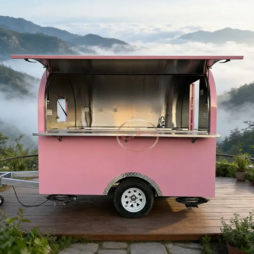 

Custom Pink Fiberglass Concession Food Cart Mobile Kitchen Trailer for Street Vendor with Service Counter