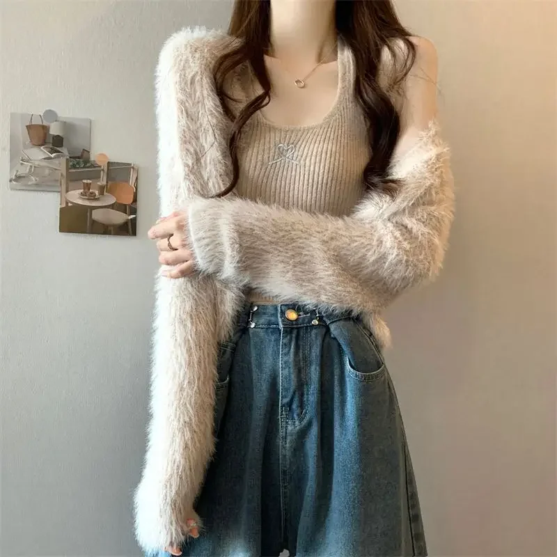 Knitwear Tanks Sweet Mink Cashmere Pink Cardigan Camis Sweater Mujer Autumn New Y2k Style Knitted Jacket 2 Sets Halter Vest