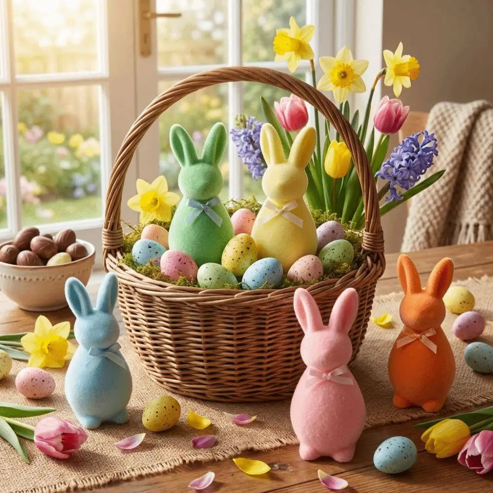 Spring Decor Foam Flocked Rabbit Figures Solid Color Easter Bunny Statue 3D Standing with Bow Bunny Sculpture Home Decor