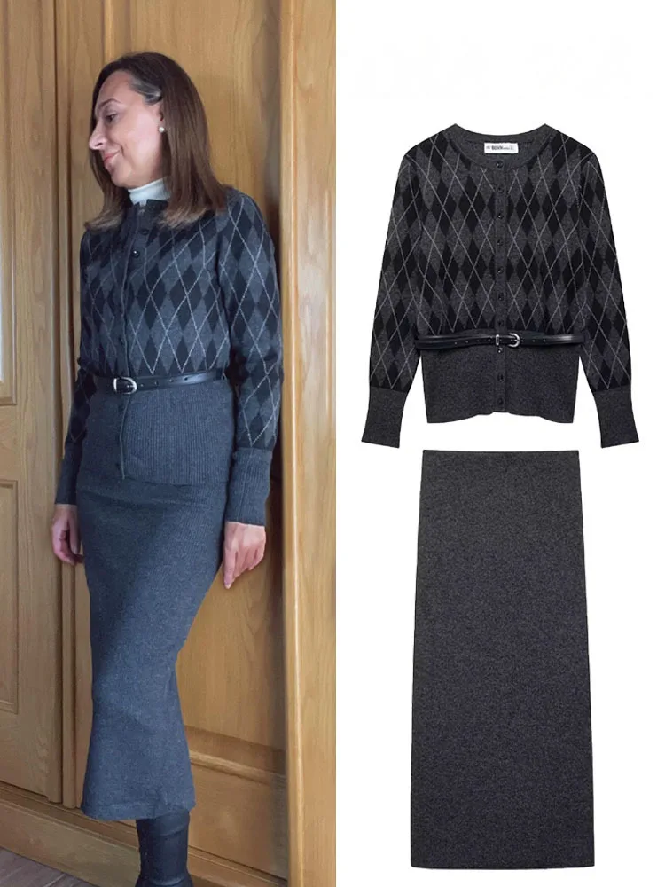 HH Autumn Women Fashion O-Neck Knitted Long Sleeve Coat Diamond Pattern With Belt Decorate Cardigan+Split Hem Hip Midi Skirt