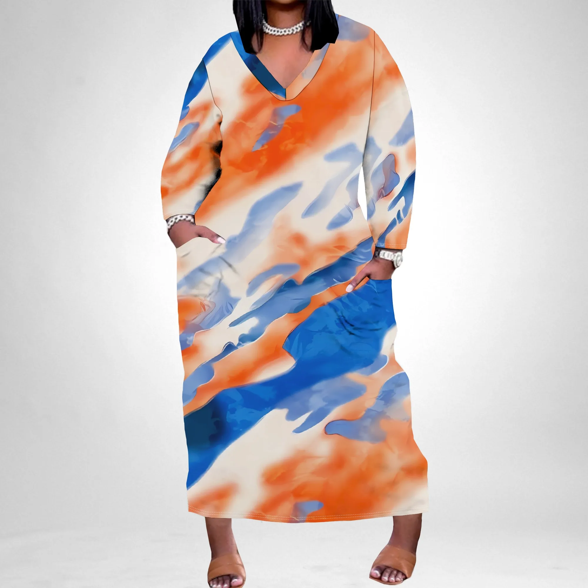 

Nupusa Orange Blue Tie Dye Print Dress for Women Plus Size Casual V Neck Long Sleeve Maxi Dress