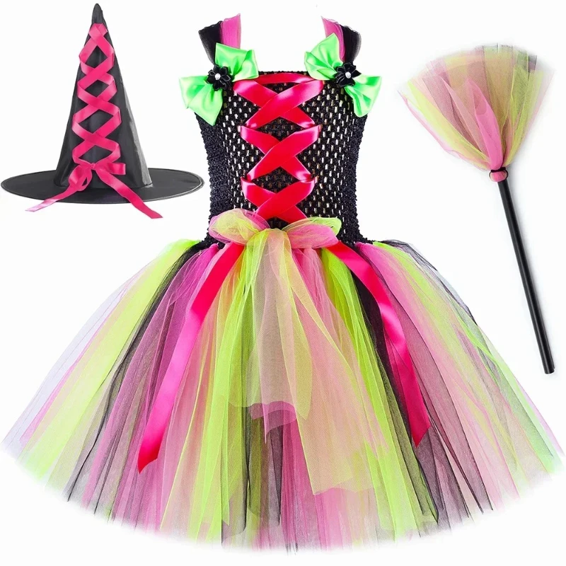 

Witch Costume for Girls Halloween Tutu Dress Clothes Outfits with Hat Broom Rainbow Toddler Kids Carnival Party Fancy Dresses