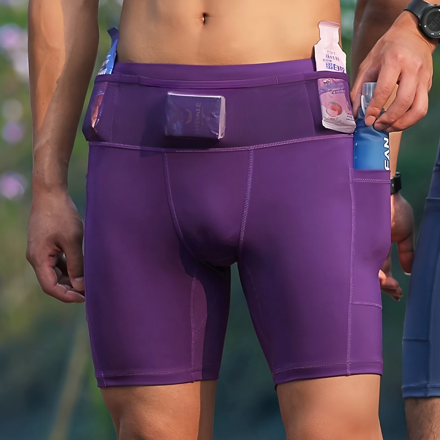 Mens Marathon Running Shorts with Waist Pack Compression Guys Tights Yoga Fitness Outdoor Sport Short Pants Legging Quick Drying