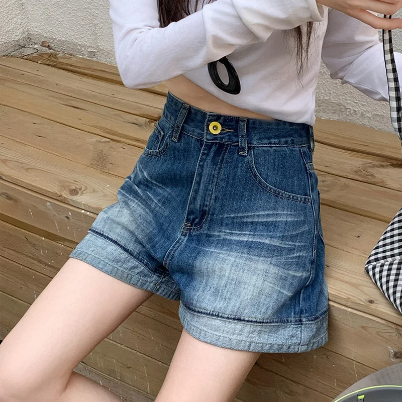 

Shorts Womens Denim Summer New Retro Rolled Hem High Waist Loose Fit Casual Shorts Female Jeans Slimming