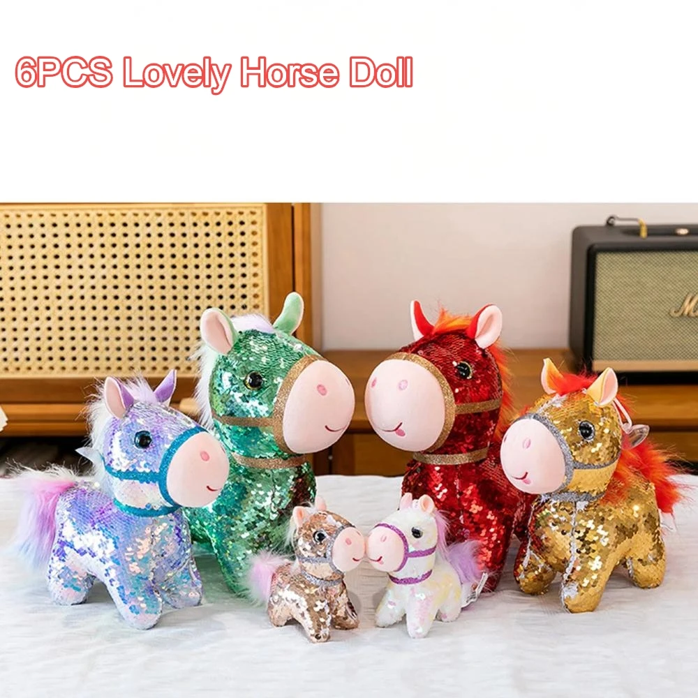 

6PCS Horse Dolls Set Fashion Sequin Design Exquisite Plush Horse Ornament Children Creatively Lovely Horse Companion Dolls