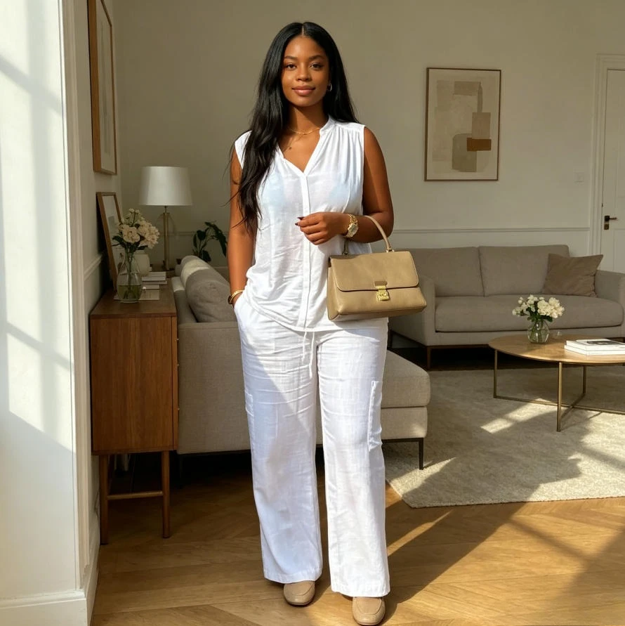 

Women Pant Set Two Piece Sets V Neck Sleeveless Shirt Solid Wide Leg Long Pants Elastic Waist Y2k Streetwear Work Casula Spring