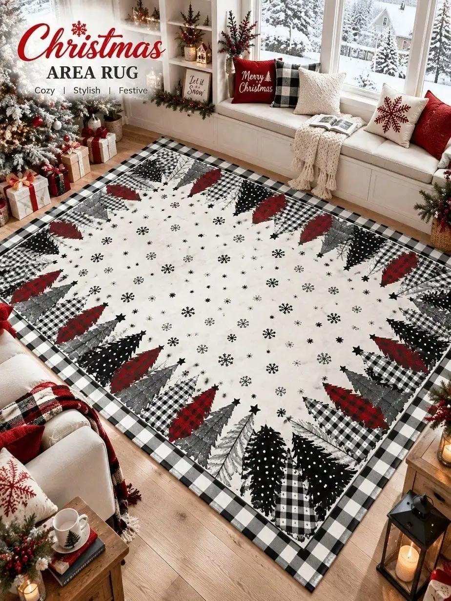 Christmas Rug Pine Trees Snowflakes Gingham Border Floor Decor Carpet Runner Rugs Living Room Bedroom Entryway Dining Space Hallway Kitchen Home Decor Halloween Thanksgiving Anniversary Birthday Housewarming Party Gift for Family Friends Sisters