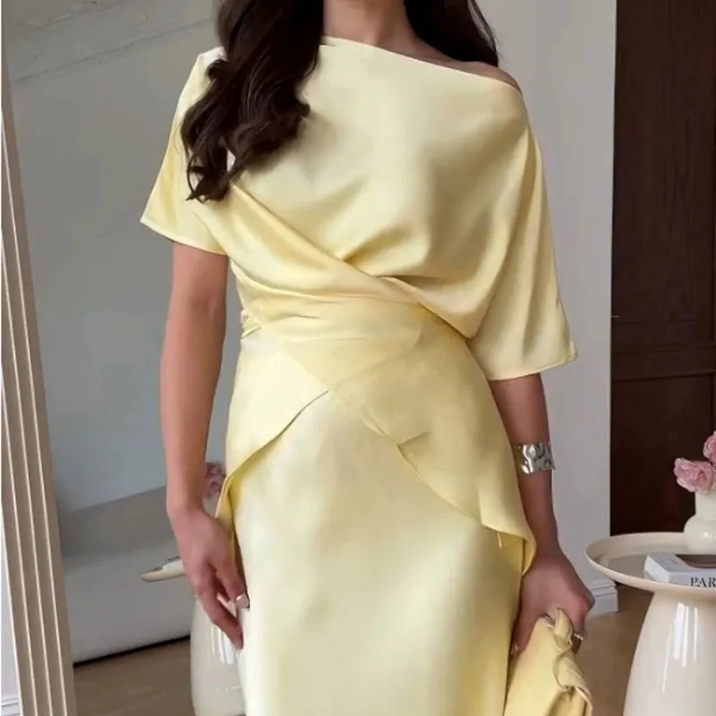 

Spring Summer Satin Long Dress Suit White Elegant Crew Neck Cross Tie-up Top & Bodycon Skirt Set 2 Piece Chic Solid Woman Outfit