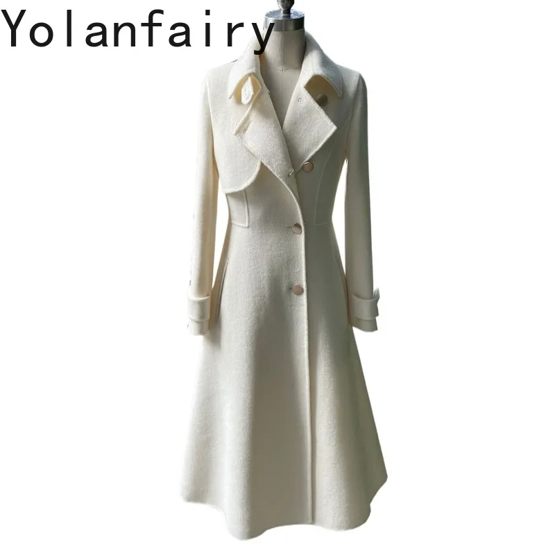 YOLANFAIRY White Double-faced Cashmere Coat Woman Elegant Mid-length 75% Wool Jacket Waisted Woolen Coats Flared Hem 2026 Пальто