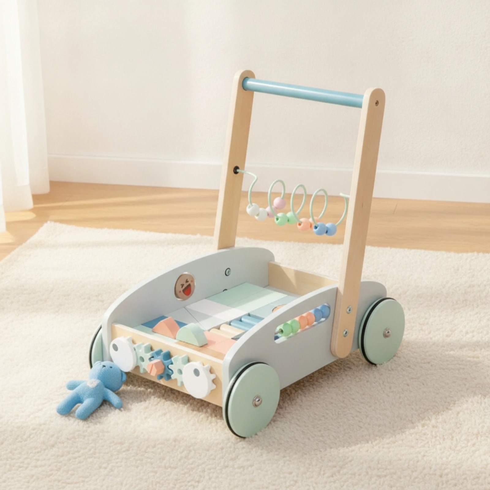 Toddler Push Cart Toy with Blocks Sensory Wooden Baby Toddler Push Cart Interactive Child-Centered for Toddlers, Playroom view 3