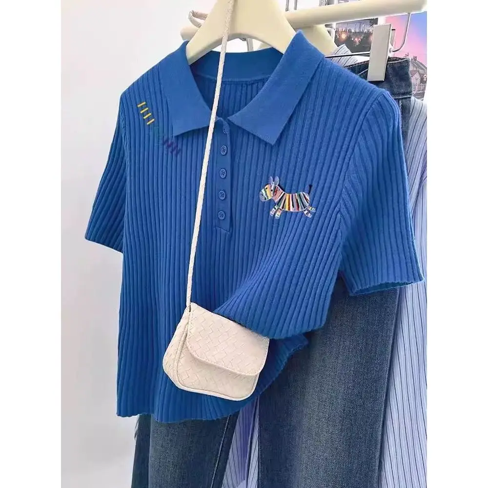

High-quality Embroidery Polo Collar Knit Short-sleeve T-shirt Women Summer New Casual Design Ice Silk Top Lightweight T Shirt