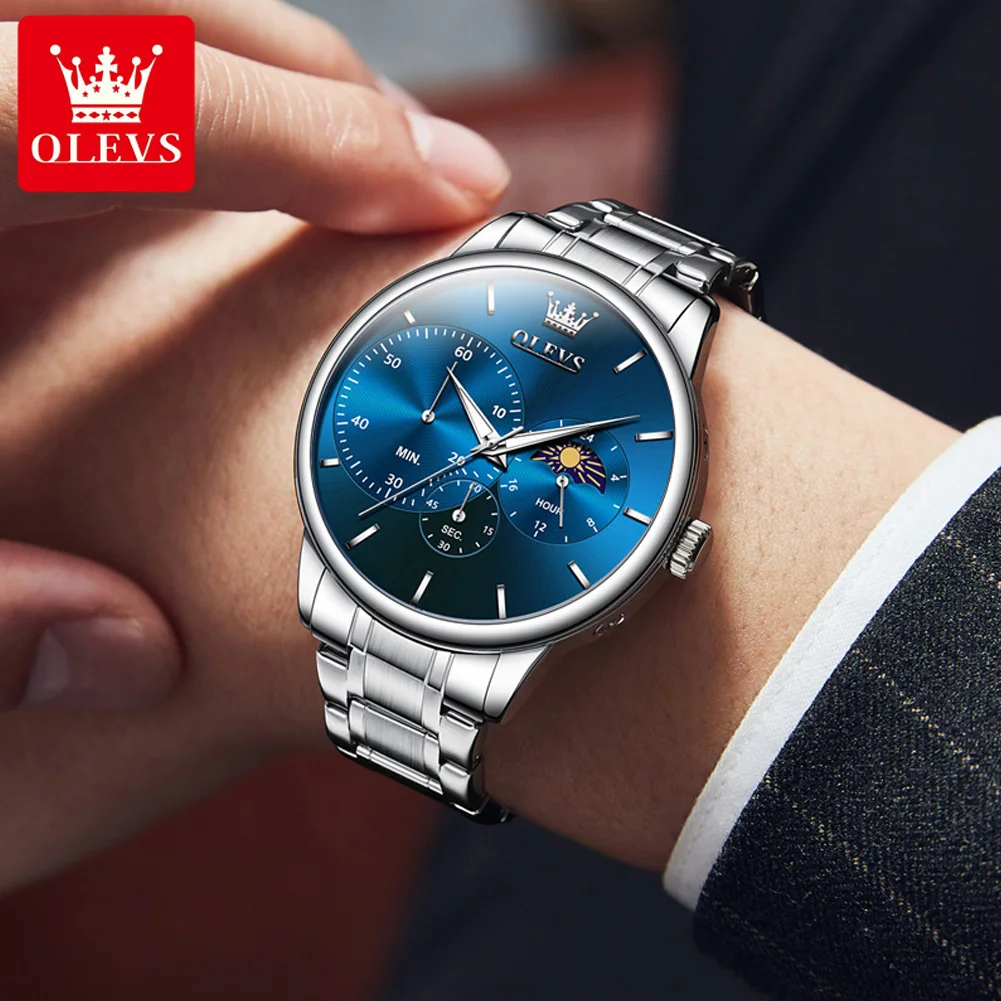 OLEVS Men Quartz Watch Moon Phase Waterproof Stainless Steel Strap Watch for Men Chronometer Fashion Business Original Watch