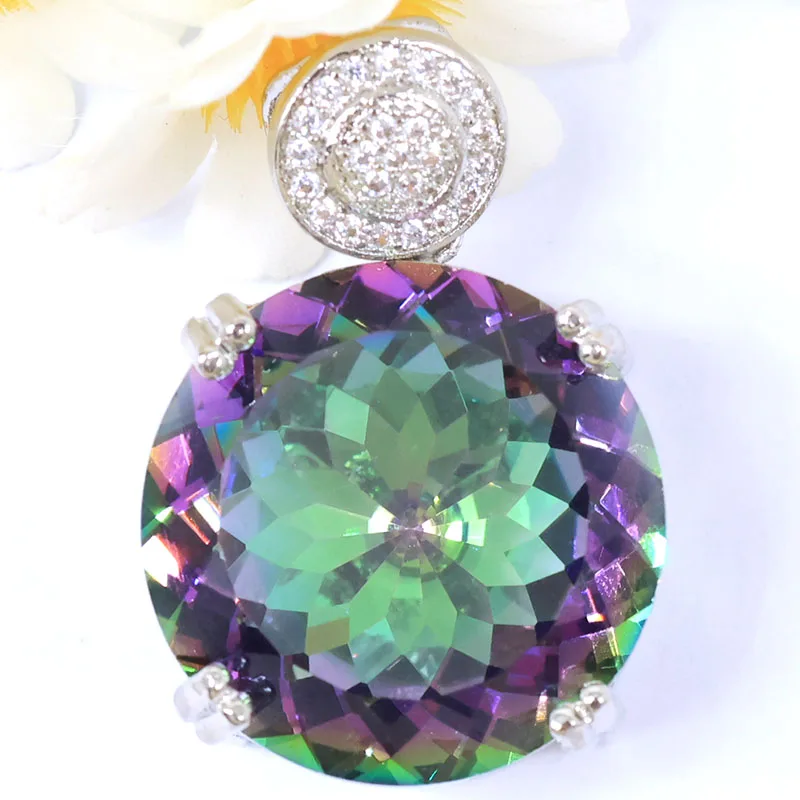 

Buy 4 Get 1 Free 29x20mm Big 20mm Round Gemstone Created Fire Rainbow Mystic Topaz Green Tsavorite Garnet Silver Pendant