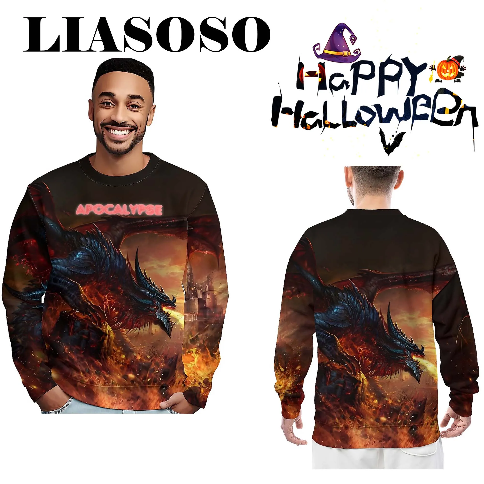 

LIASOSO Long Sleeve Sweatshirt Western Dragon Theme with Fiery & Scaly 3D Print Perfect for Halloween Parties or Everyday Style
