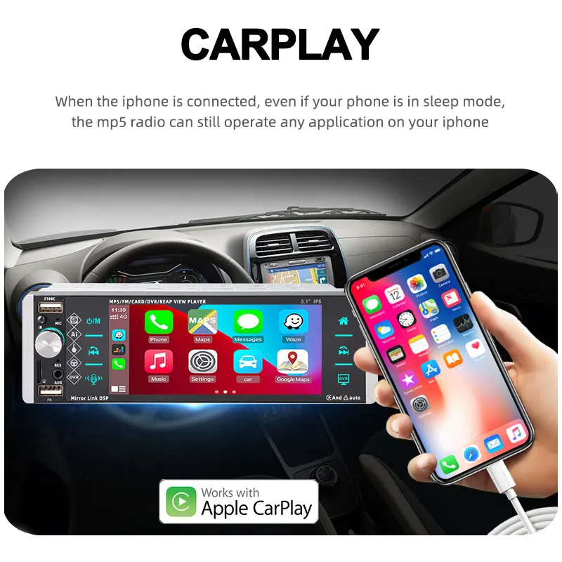 PolarLander  Mirrorlink AM Touch ​Screen 5.1 Inches Car Multimedia Player 1 Din MP5 4-USB Bluetooth MP4 FM Carplay/Android Auto