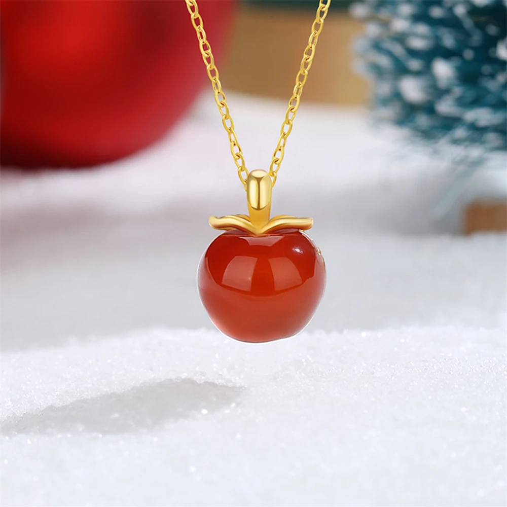 Genuine AU750 Real 18K Gold Necklace Pendant Natural Red Agate Apple Christmas Gifts  For Woman Fine Jewelry With Certificate