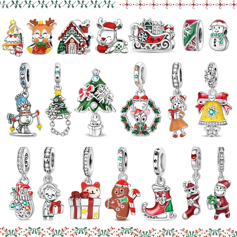 ชาร์มเงินแท้ 925 ลายต้นสนคริสต์มาส รถลากซาน มนุษย์หิมะ ถุงเท้า สำหรับทำสร้อยข้อมือ สร้อยคอ ของขวัญงานปาร์ตี้