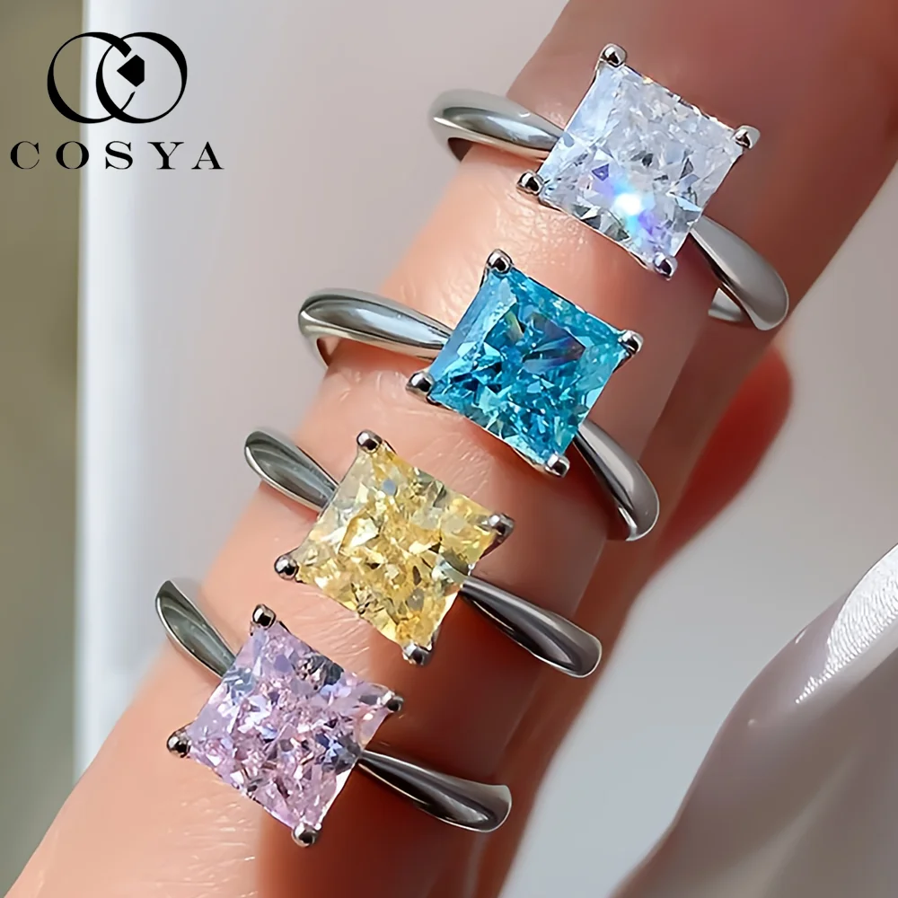 

COSYA 7*7mm Princess Cut High Carbon Diamond Rings 100% S925 Silver For Women Lab Diamond Band Party Fine Jewelry